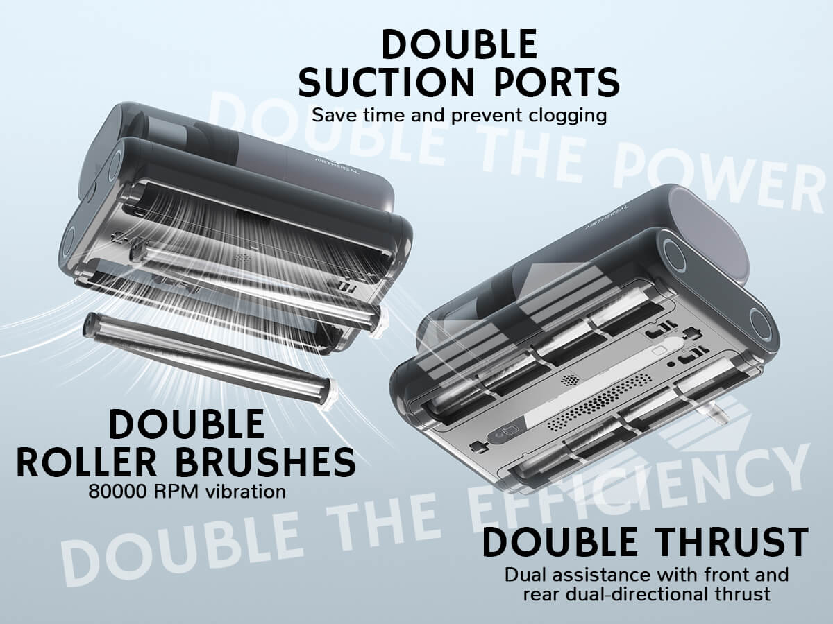 Product features: double suction ports to reduce clogging, double roller brushes with 80,000 RPM vibration, and dual thrust assistance for enhanced efficiency.
