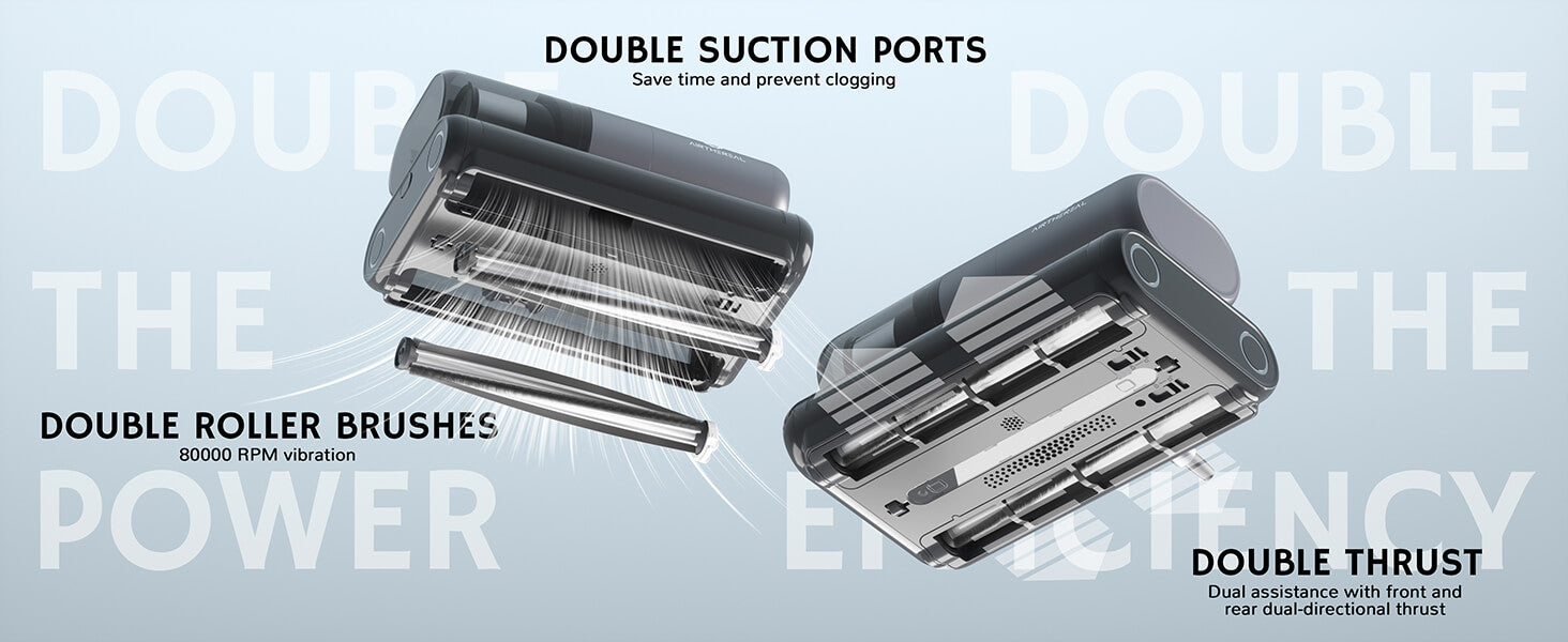 Product features: double suction ports to reduce clogging, double roller brushes with 80,000 RPM vibration, and dual thrust assistance for enhanced efficiency.