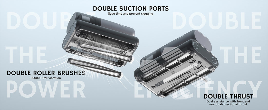 Product features: double suction ports to reduce clogging, double roller brushes with 80,000 RPM vibration, and dual thrust assistance for enhanced efficiency.
