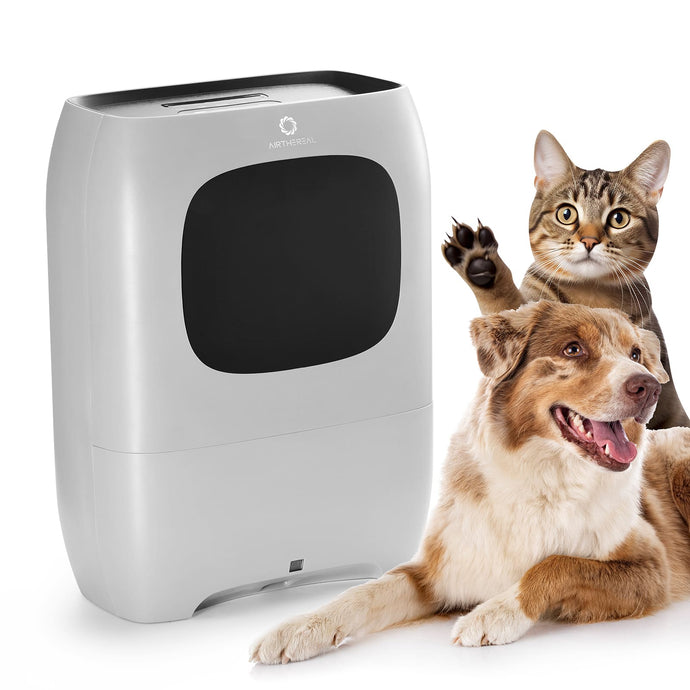 A dog and a cat beside a vacuum unit.