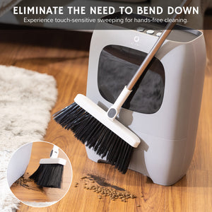 Touchless vacuum automatic dustpan with a broom for hands-free cleaning, designed to eliminate the need to bend down.