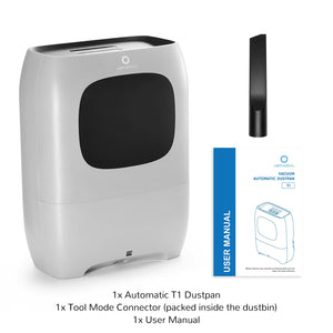 Automatic T1 dustpan, tool mode connector (packed inside the dustbin), and user manual included.