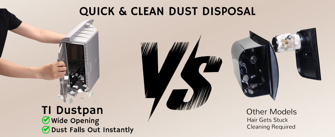 Comparison of TI Dustpan's quick dust disposal with other models that require cleaning due to hair getting stuck.