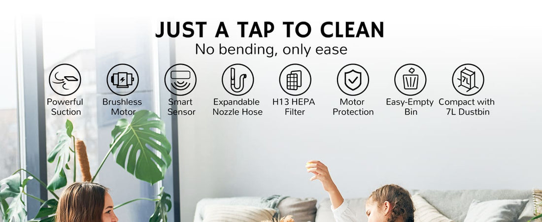 Banner with icons and text highlighting vacuum features: powerful suction, brushless motor, smart sensor, expandable nozzle, H13 HEPA filter, motor protection, easy-empty bin, and 7L dustbin.