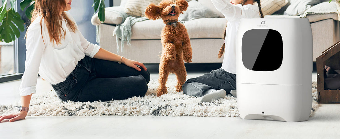 A playful dog stands on its hind legs and two people sit near a modern vacuum dustpan in a cozy living room setting with a soft rug.