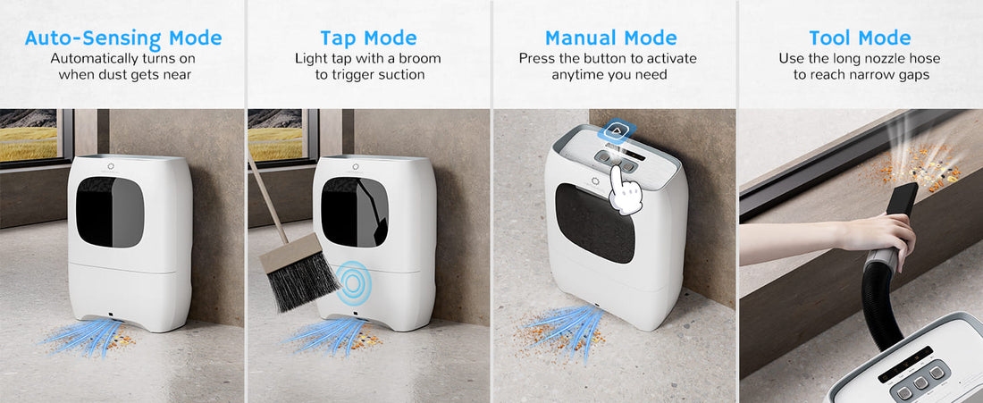Four cleaning modes of a vacuum device are shown: Auto-Sensing, Tap, Manual, and Tool Mode, each demonstrated with corresponding actions and descriptions.