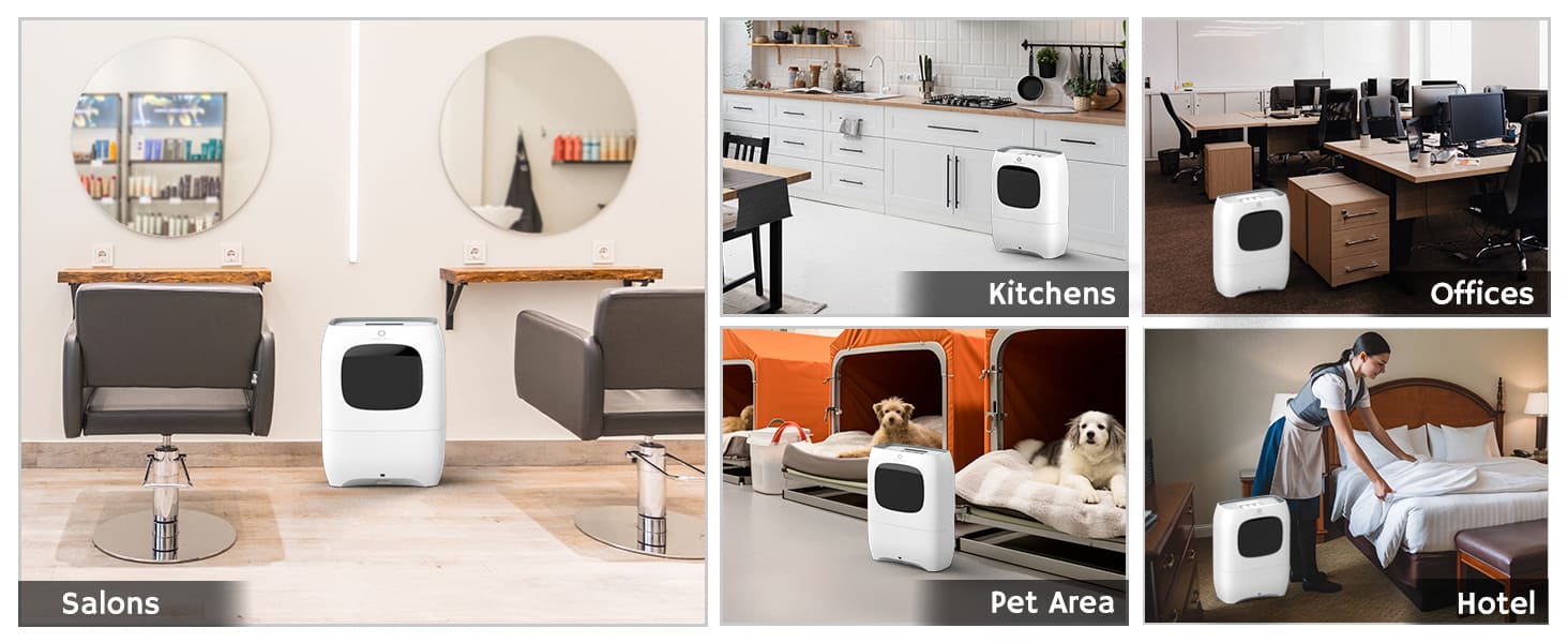 Collage showing a white vacuum dustpan in different settings: a salon, kitchen, office, pet area with dogs, and hotel room being cleaned by a housekeeper, highlighting its versatility for various environments.