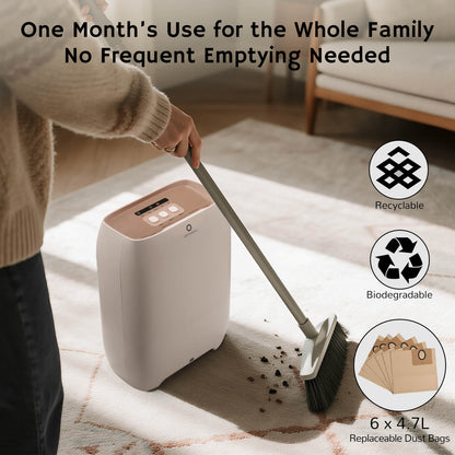 Person using a cleaning device on a carpet with text about its usage and features.