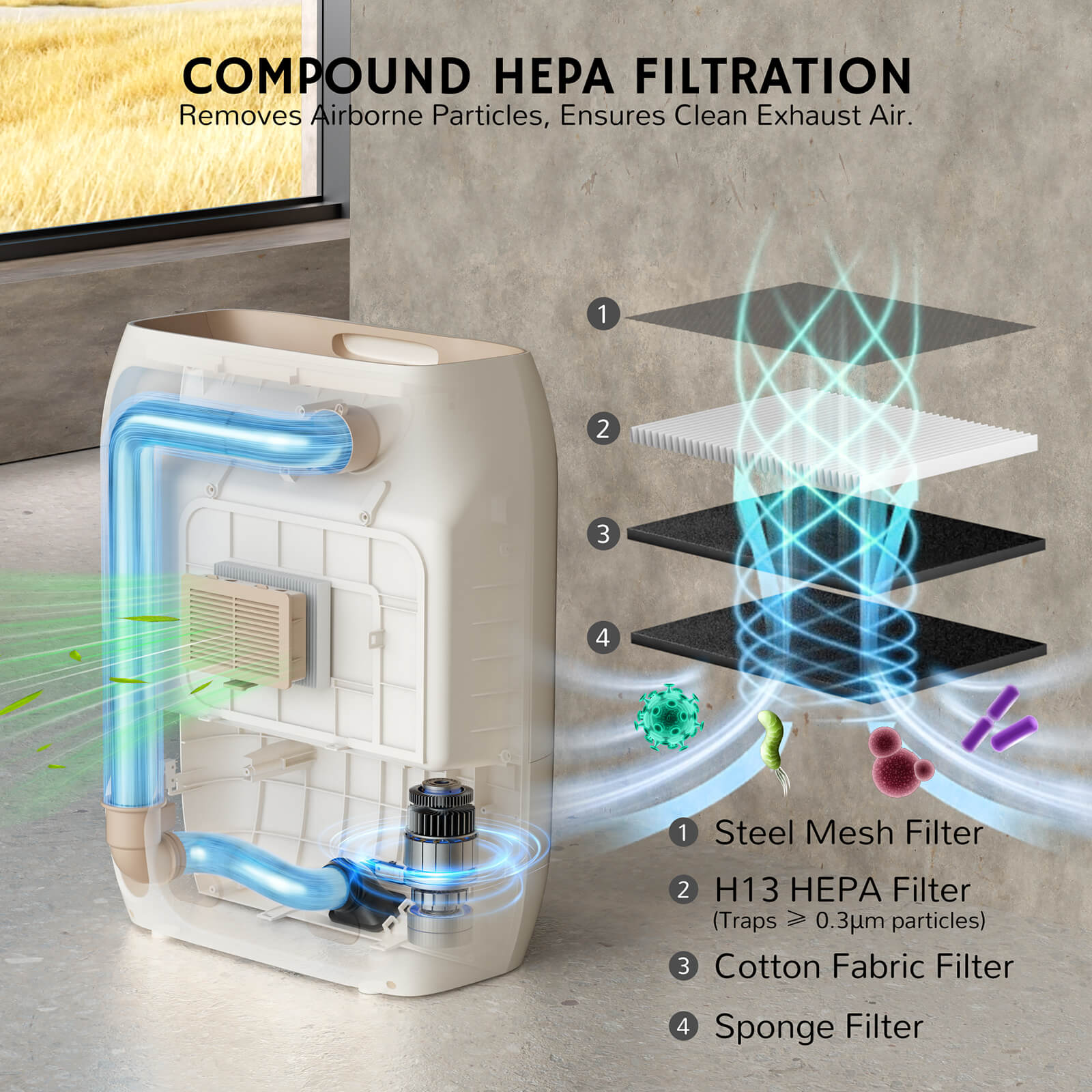 vacuum dustpan with compound HEPA filtration system on a neutral background