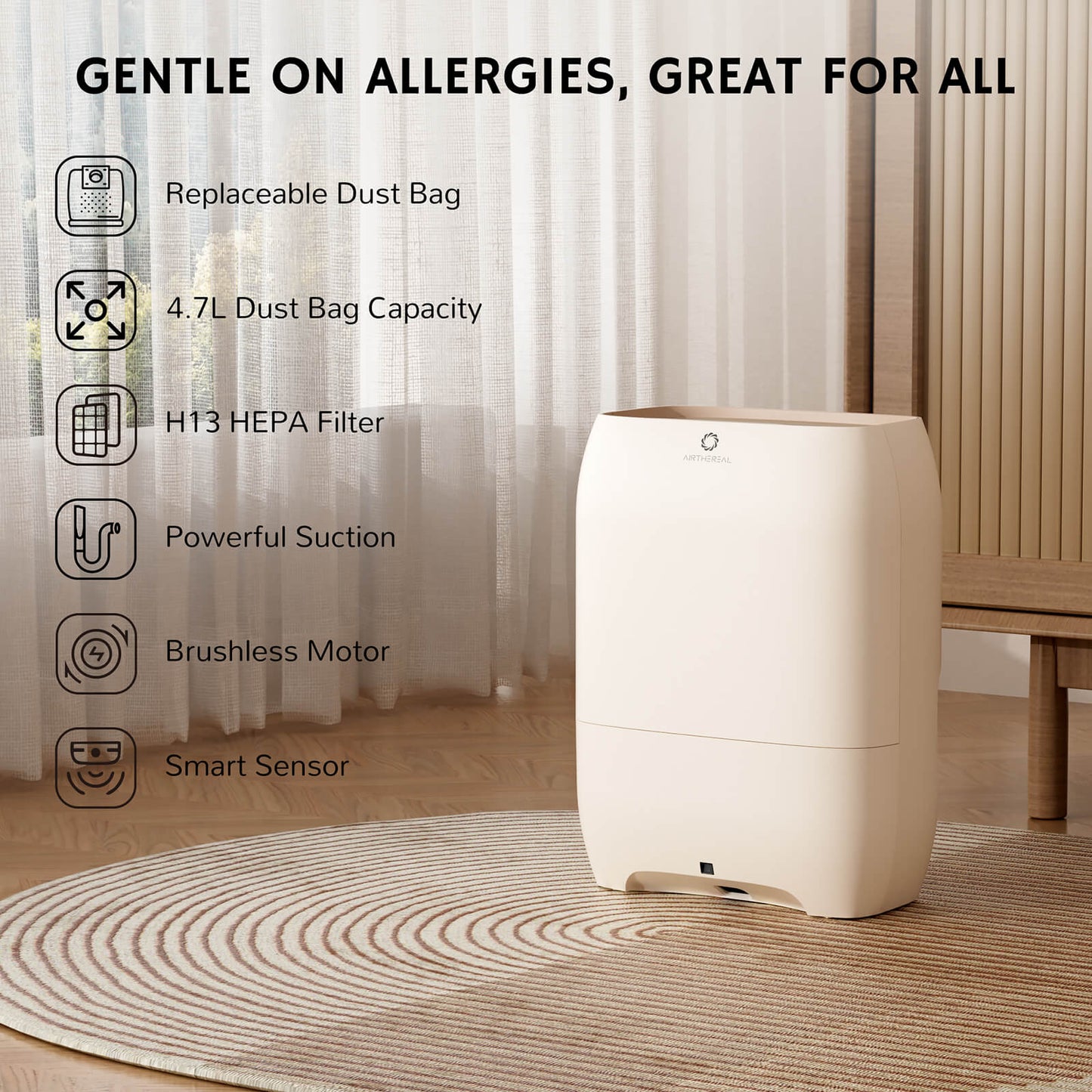 Beige vacuum cleaner with features listed on a blurred indoor background
