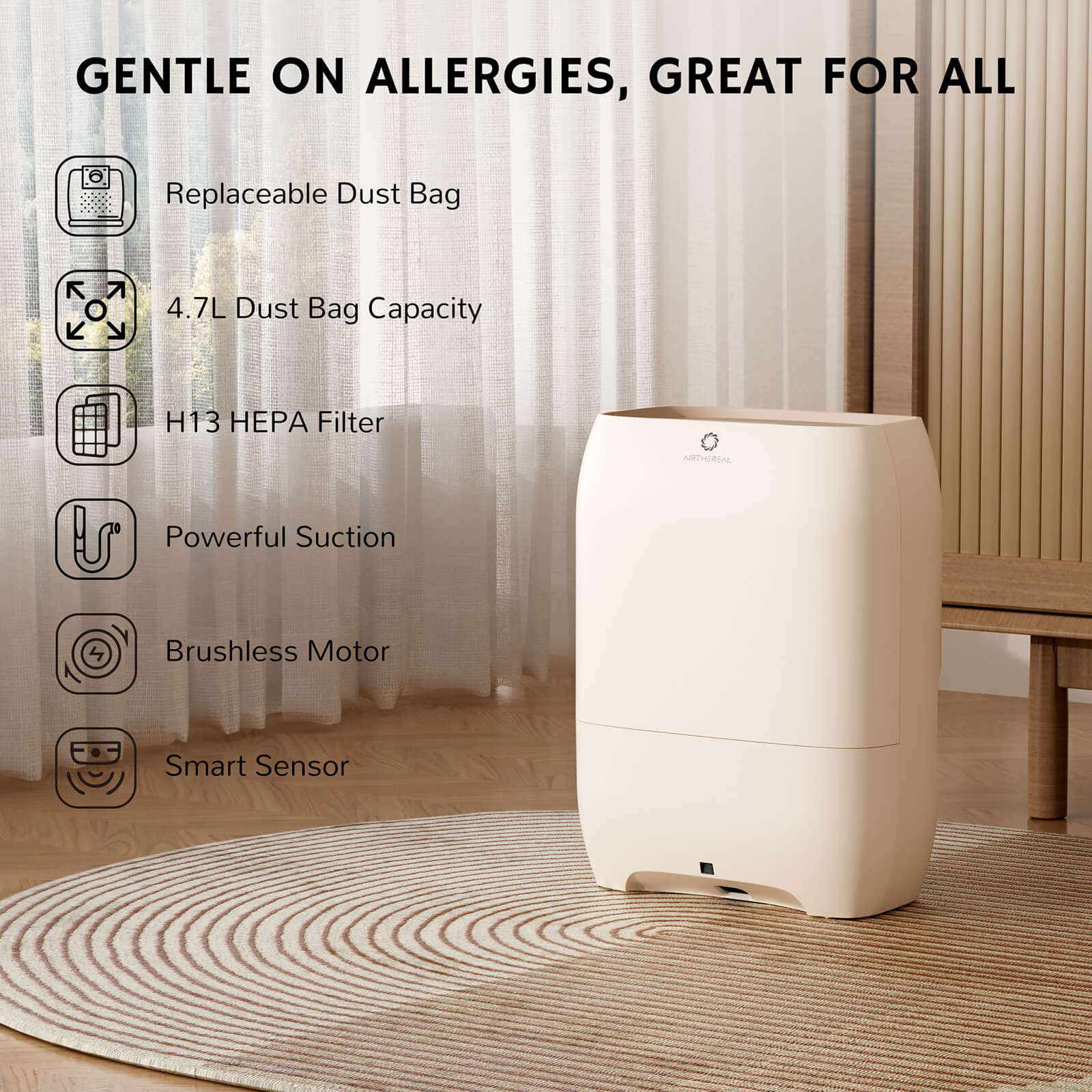 Beige vacuum cleaner with features listed on a blurred indoor background