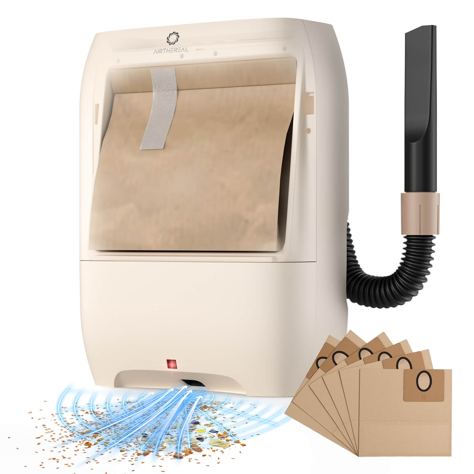 T1 Plus Touchless Vacuum Dustpan with black hose and brown bags on a white background