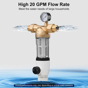 Water filter with a high 20 GPM flow rate, designed for large household water needs.