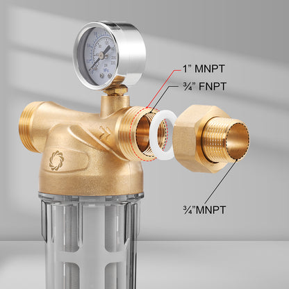 Close-up of water filter connections showing 1" MNPT and 3/4" FNPT fittings with pressure gauge.