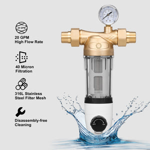 Water filter system featuring 20 GPM flow rate, 40-micron filtration, and stainless steel mesh.