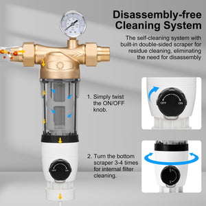 Self-cleaning water filter system with instructions for disassembly-free maintenance.