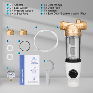 Airthereal Spin Down Water Sediment Filter, Pre-Filtration System for Whole Home, Water Filter for City and Well Water, Sediment Backwash Filter with Automatic Flushing, 40 Micron Flushable Pre Filter Filtration