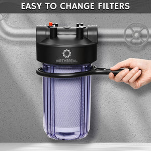Airthereal Whole House Water Filter, Ideal for Well and City Water, 10" x 4.5" Sediment Carbon Cartridge Universal Housing, Pre-Filtration System (Clear Housing)