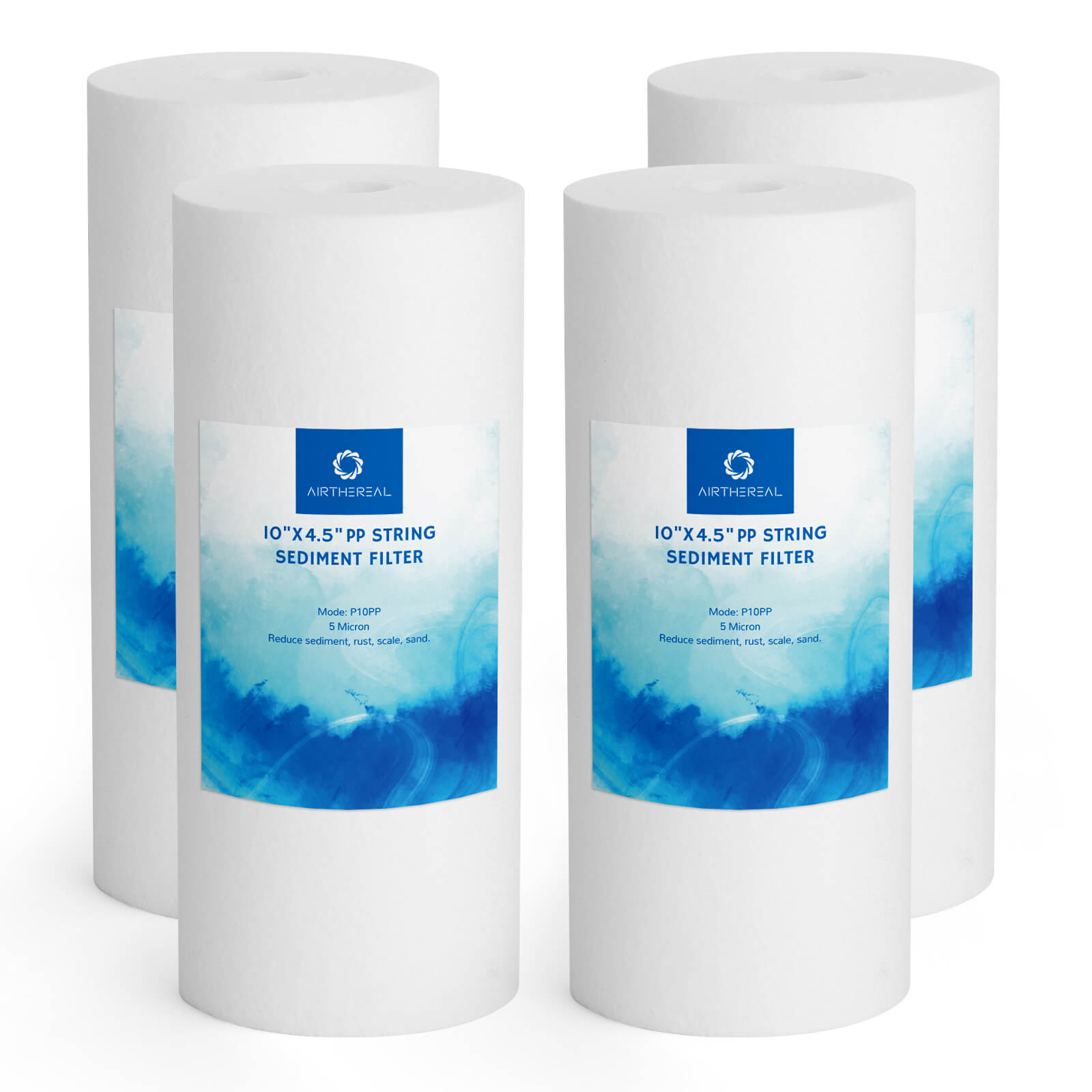 Airthereal Whole House Sediment Water Filter, 10" x 4.5", 5 Micron Replacement Cartridges for City and Well Water, 4-Pack 