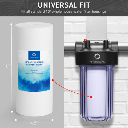 Airthereal Whole House Sediment Water Filter, 10" x 4.5", 5 Micron Replacement Cartridges for City and Well Water, 4-Pack 