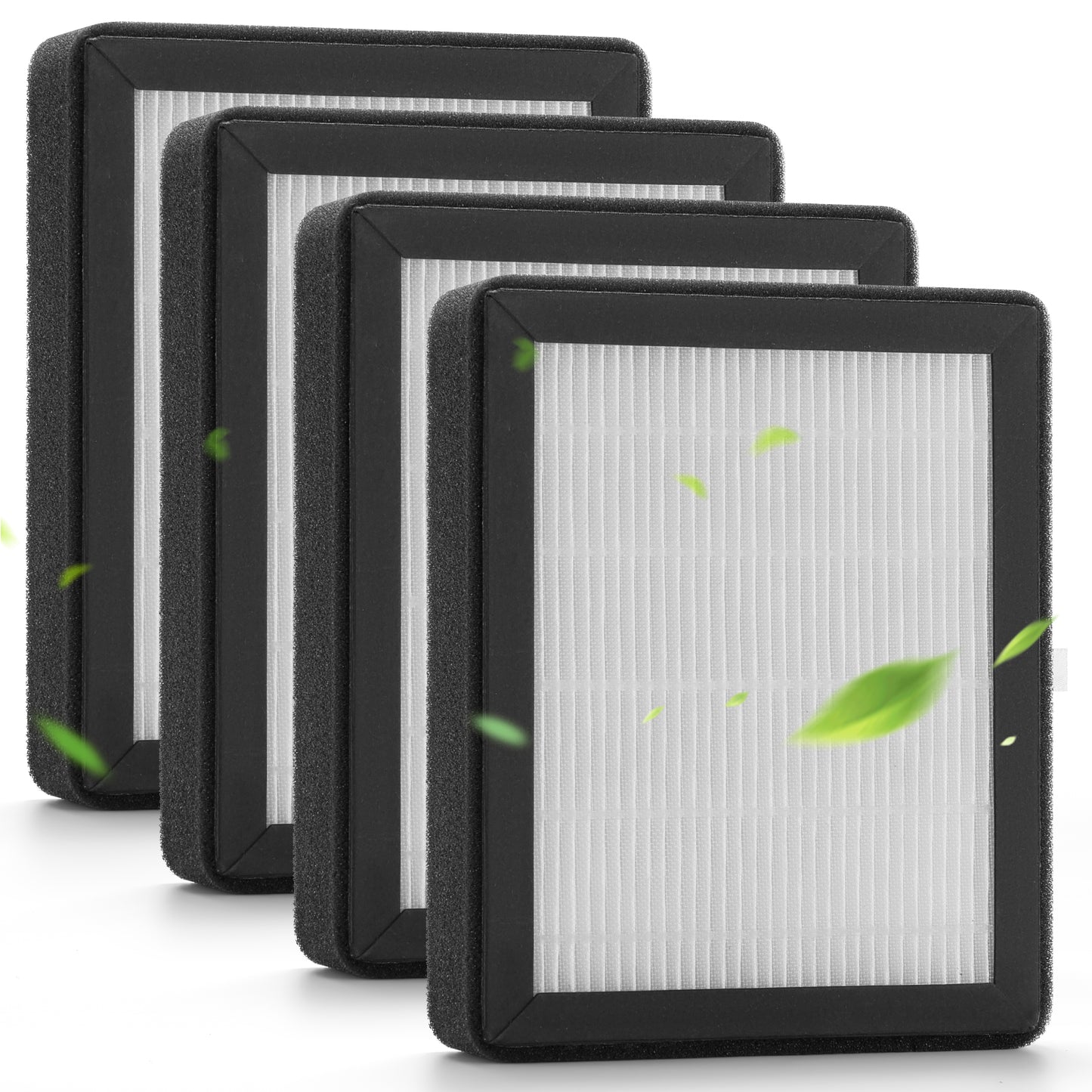 Set of four AZH200 Replacement HEPA Filters with black frames and white filters on a white background
