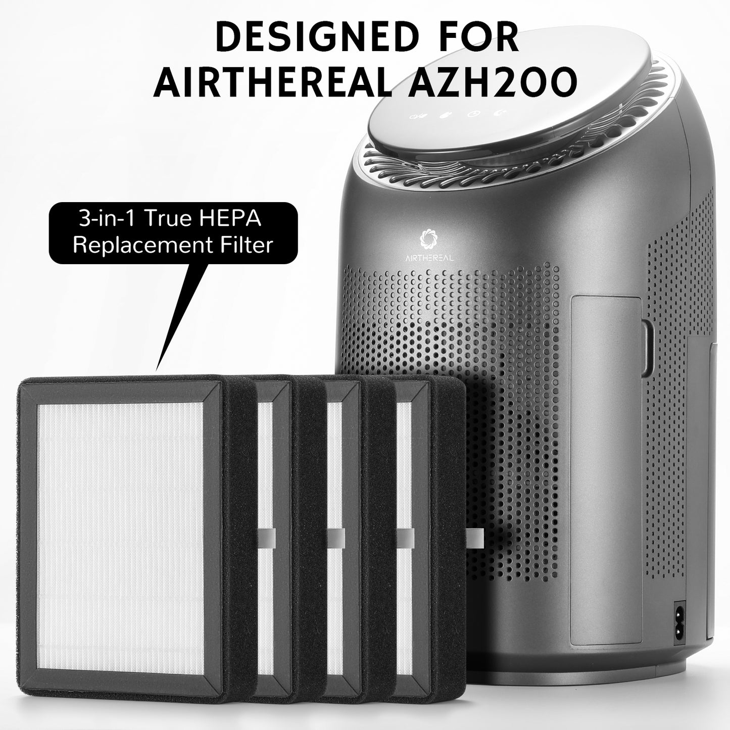 AZH200 2-in-1 Air Purifier & Dehumidifier with 3-in-1 True HEPA replacement filter on a white background