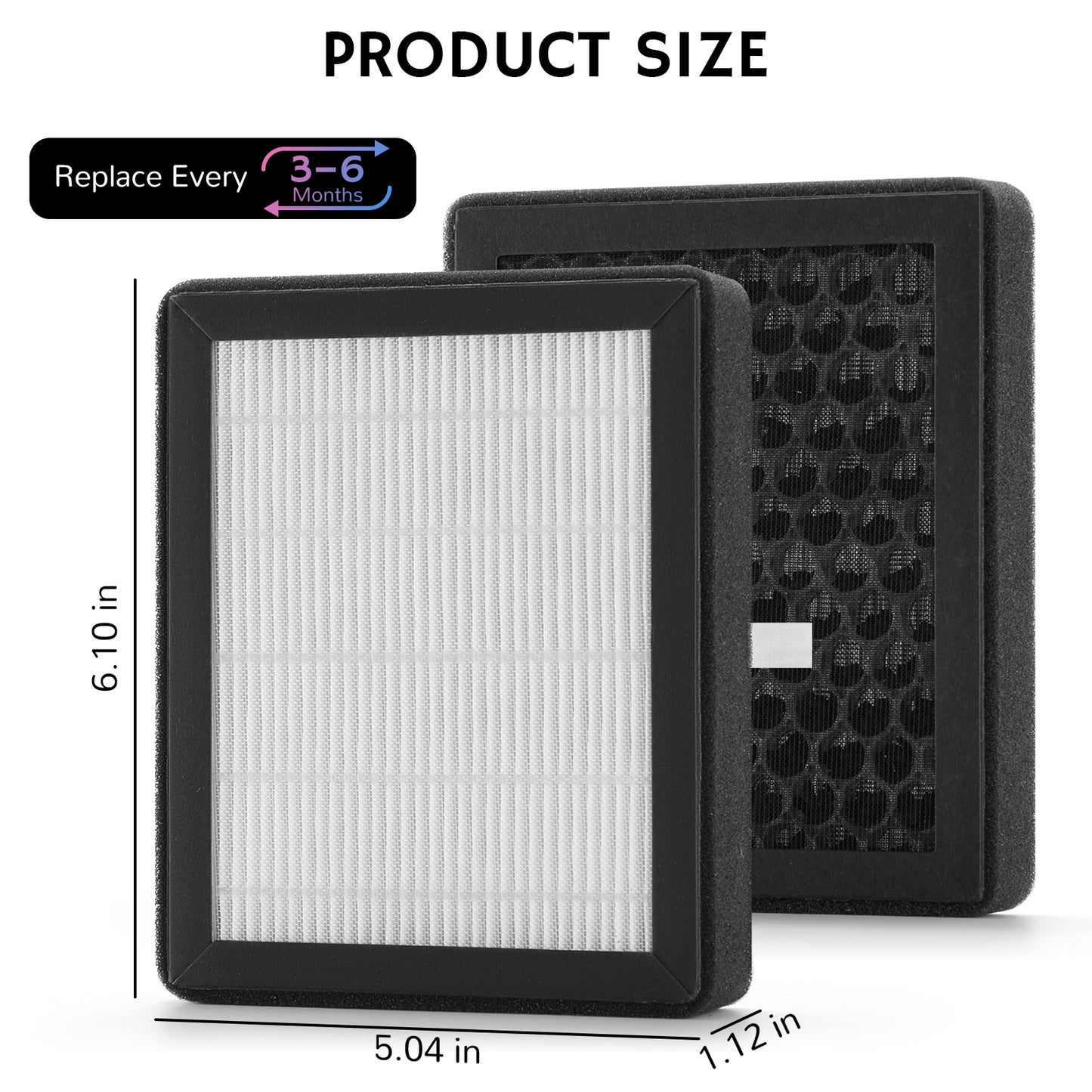 AZH200 Replacement HEPA Filter with dimensions and replacement frequency label on a white background