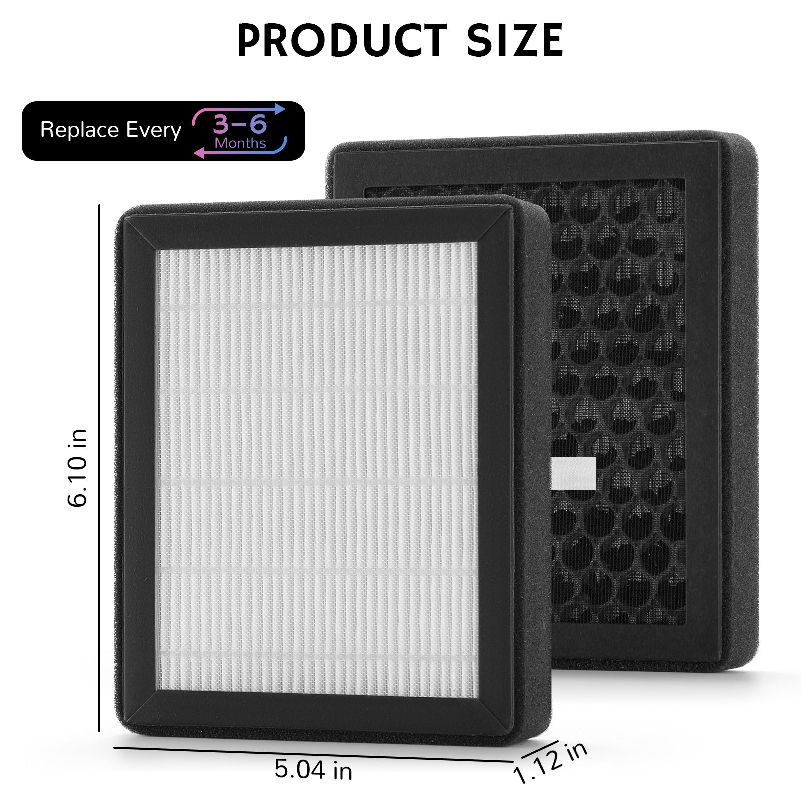 AZH200 Replacement HEPA Filter with dimensions and replacement frequency label on a white background
