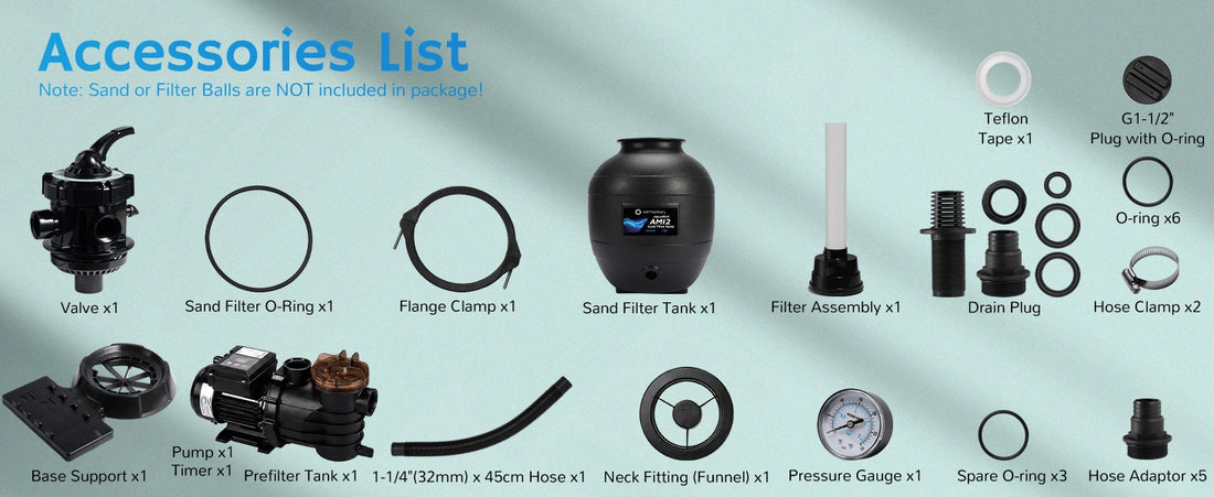List of sand filter pump accessories including valves, sand filter, hose clamps, and more on a light gray background.