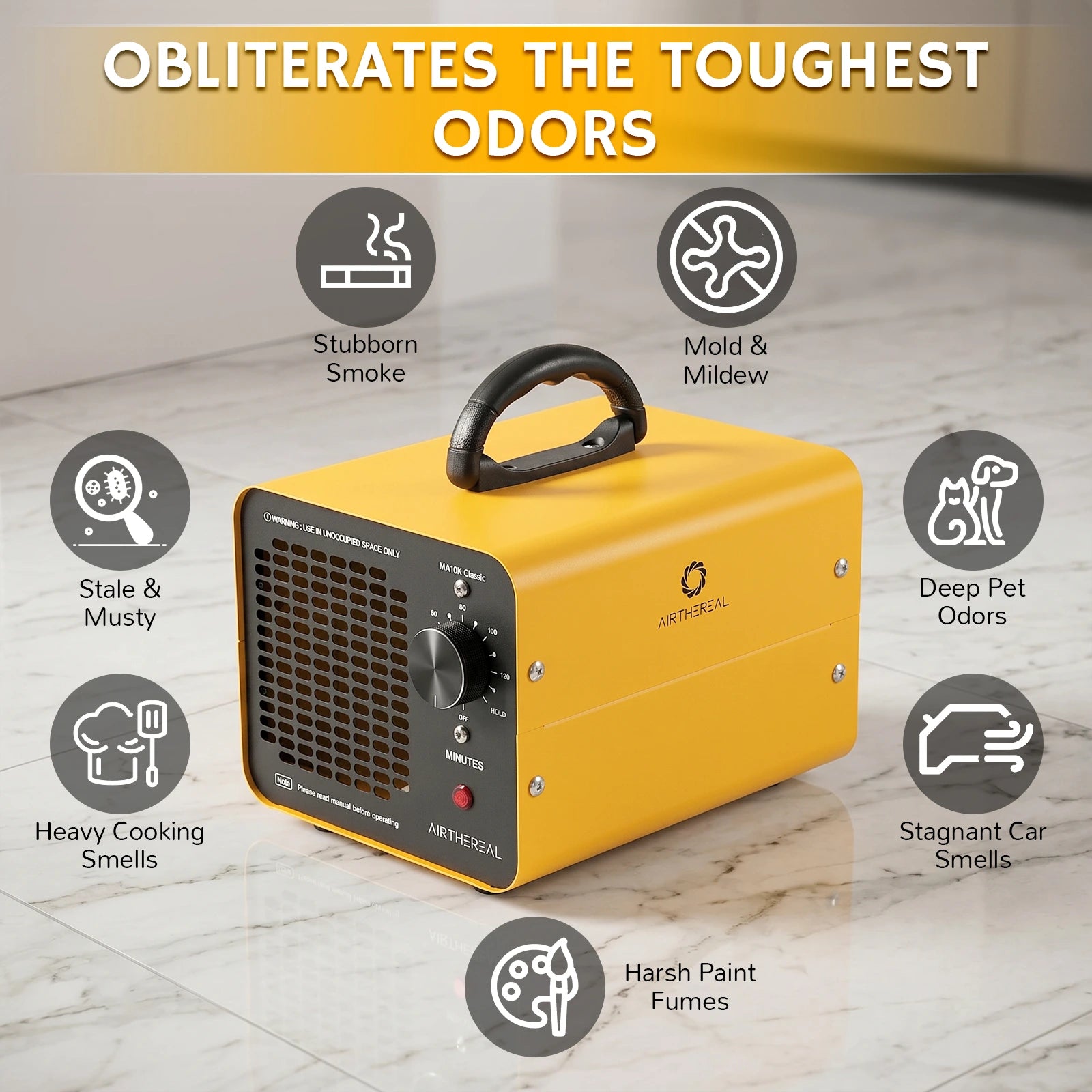 Yellow and black MA10K Classic Ozone Generator with a handle, shown on a marble floor with feature callout icons around it.