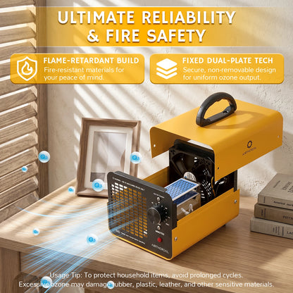 Yellow and black Airthereal MA10K Classic Ozone Generator shown on a wooden shelf with a picture frame and books, featuring marketing text overlays about flame retardancy and dual-plate technology.