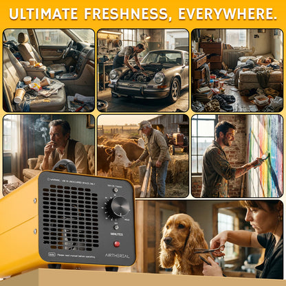 A collage of lifestyle scenes showing a man cleaning a car interior, fixing a car engine, cleaning a messy room, smoking in a room, feeding a cow, painting a colorful wall, and grooming a dog. A yellow and black A yellow Airthereal MA10K Classic Ozone Generator with a black handle and control dial is shown beside a cutaway illustration of a two-story house with labeled room volumes and operating time recommendation labeled AIRTHEREAL is shown in the lower left, with the text 'ULTIMATE FRESHNESS, EVERYWHERE.