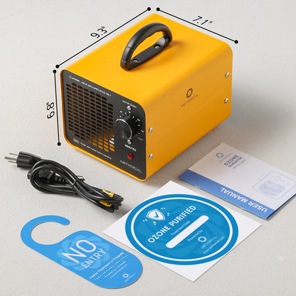 Yellow and black ozone generator kit shown with its power cord, blue 'No Entry' hang tag, user manual, and a blue 'Ozone Purified' floor sticker on a light gray background.