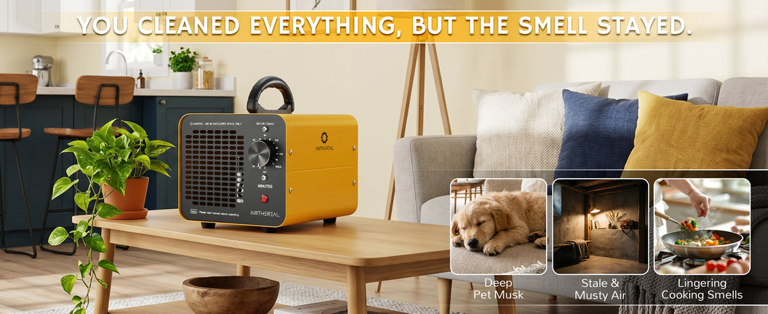Yellow Airthereal MA10K Classic Ozone Generator placed on a wooden table in a living room setting, with a couch, pillows, and plants in the background. Text at the top reads 'YOU CLEANED EVERYTHING, BUT THE SMELL STAYED.