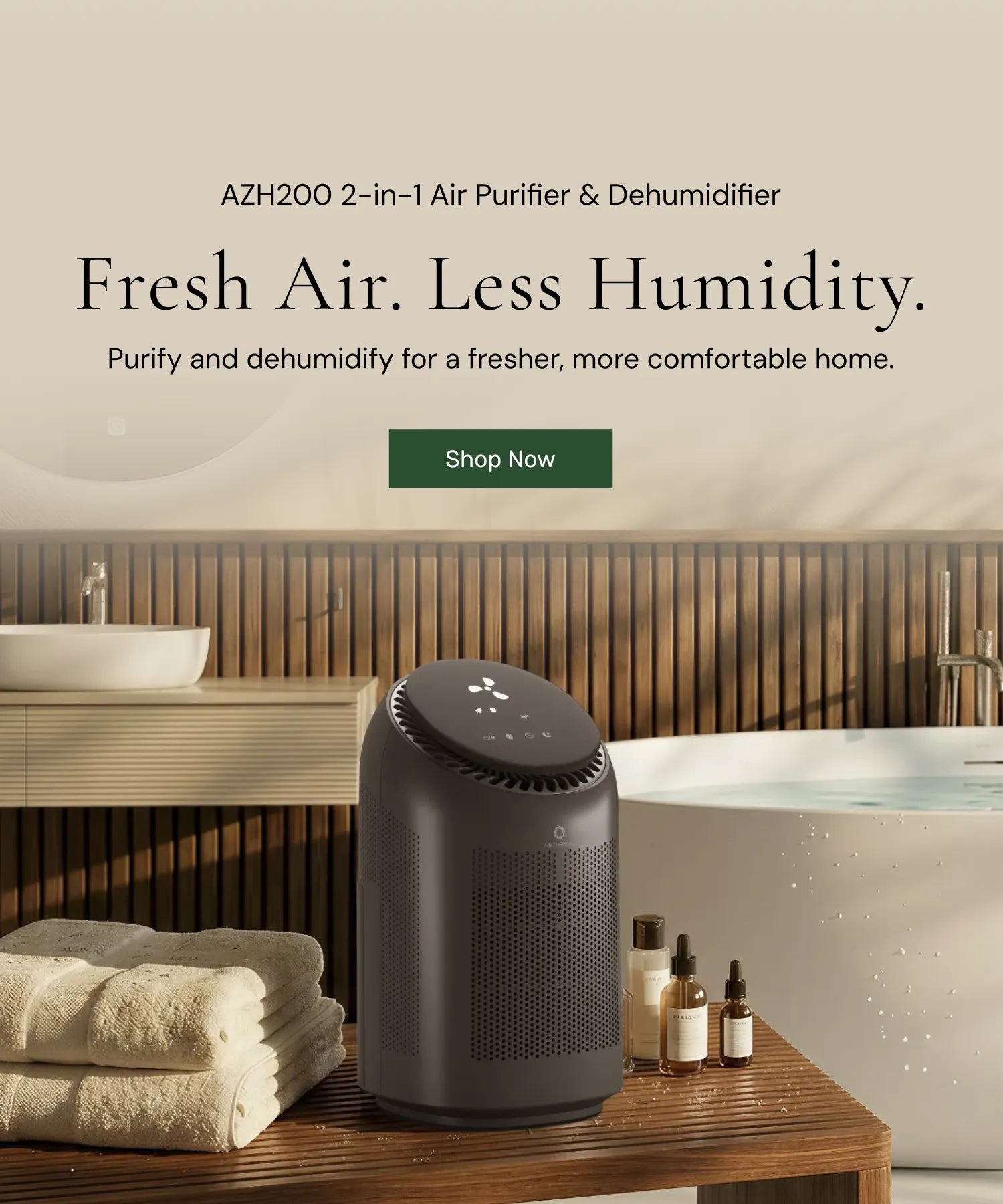 Air purifier and dehumidifier on a wooden table in a bathroom setting with text promoting its features.