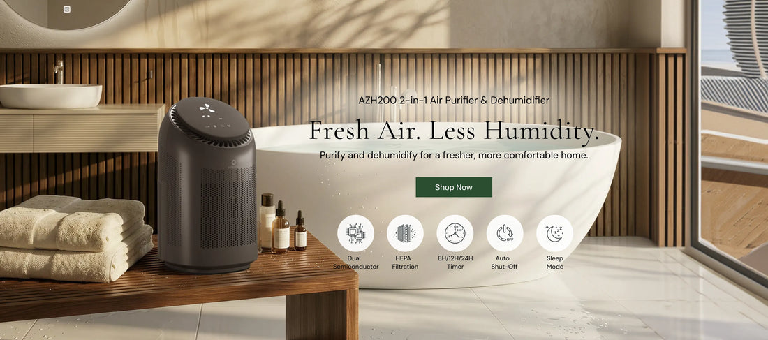 Air purifier in a bathroom setting with text about air quality improvement.