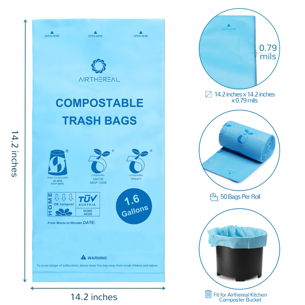Airthereal 100% Compostable 1.6 Gallon Trash Bags, Biodegradable