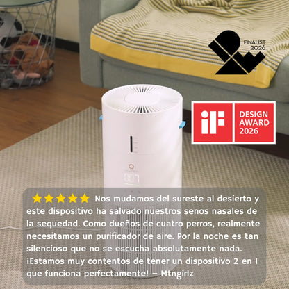 Air purifier on a couch with iF Design Award 2026 logo and customer review text.