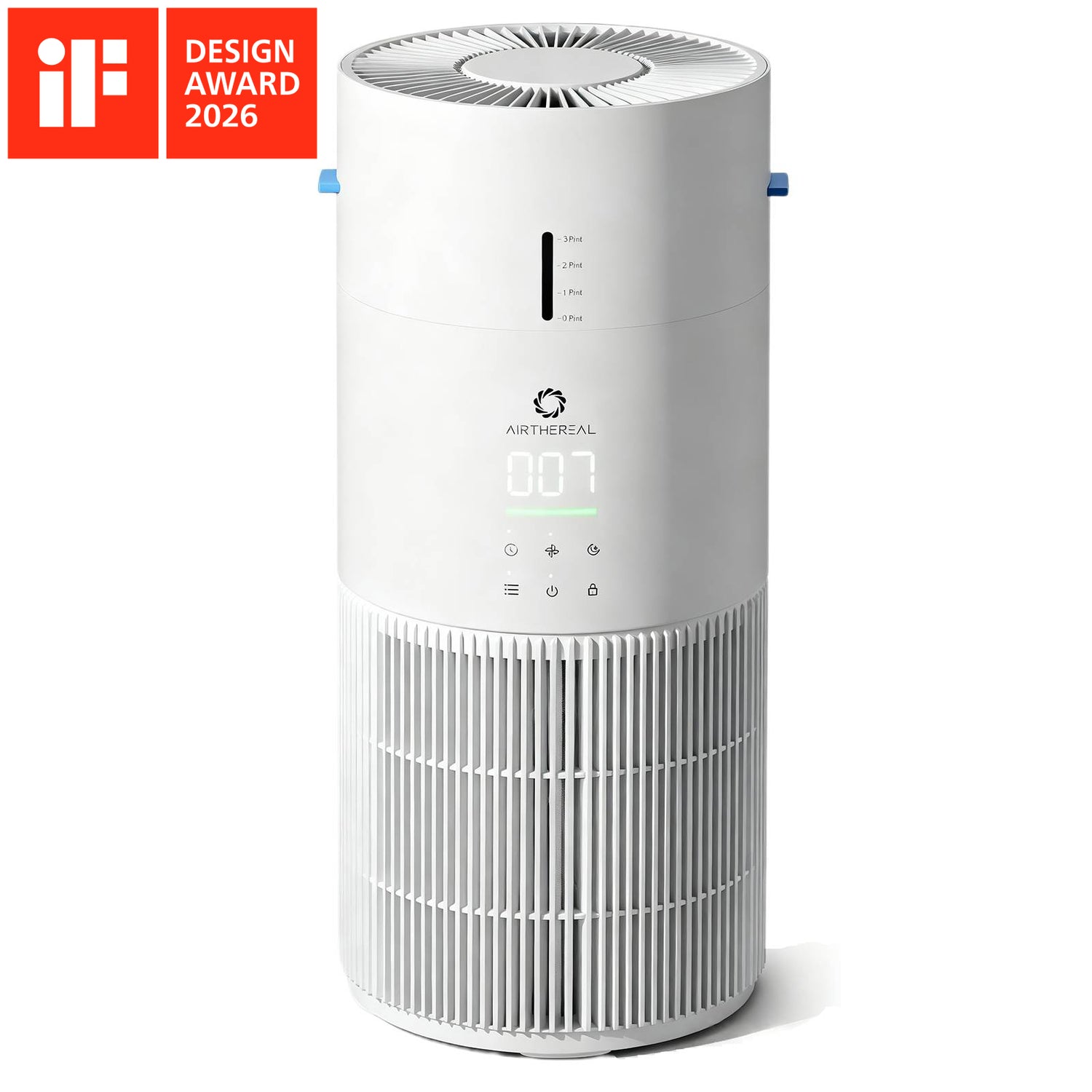 White air purifier with iF Design Award 2026 logo on a white background