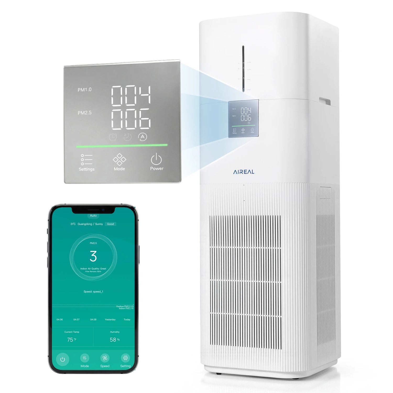 White air purifier with smartphone displaying app interface on a white background