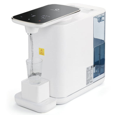 Countertop water dispenser with touch controls, dispensing water into a clear cup.