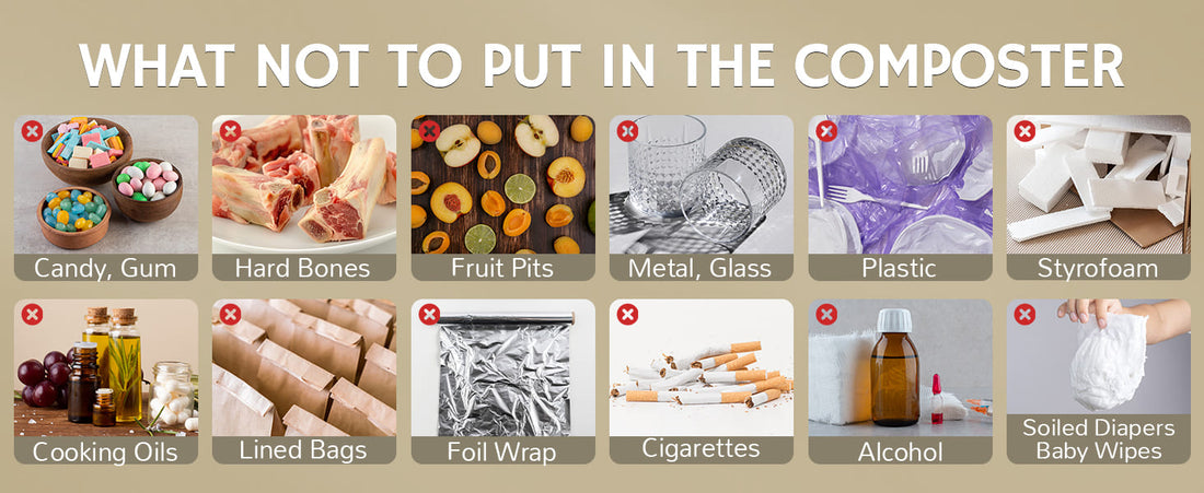 Illustration of items not suitable for composting with labels below each item.