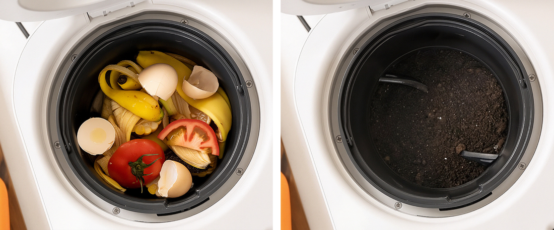 Comparison of a kitchen composter with vegetables on the left and empty on the right.