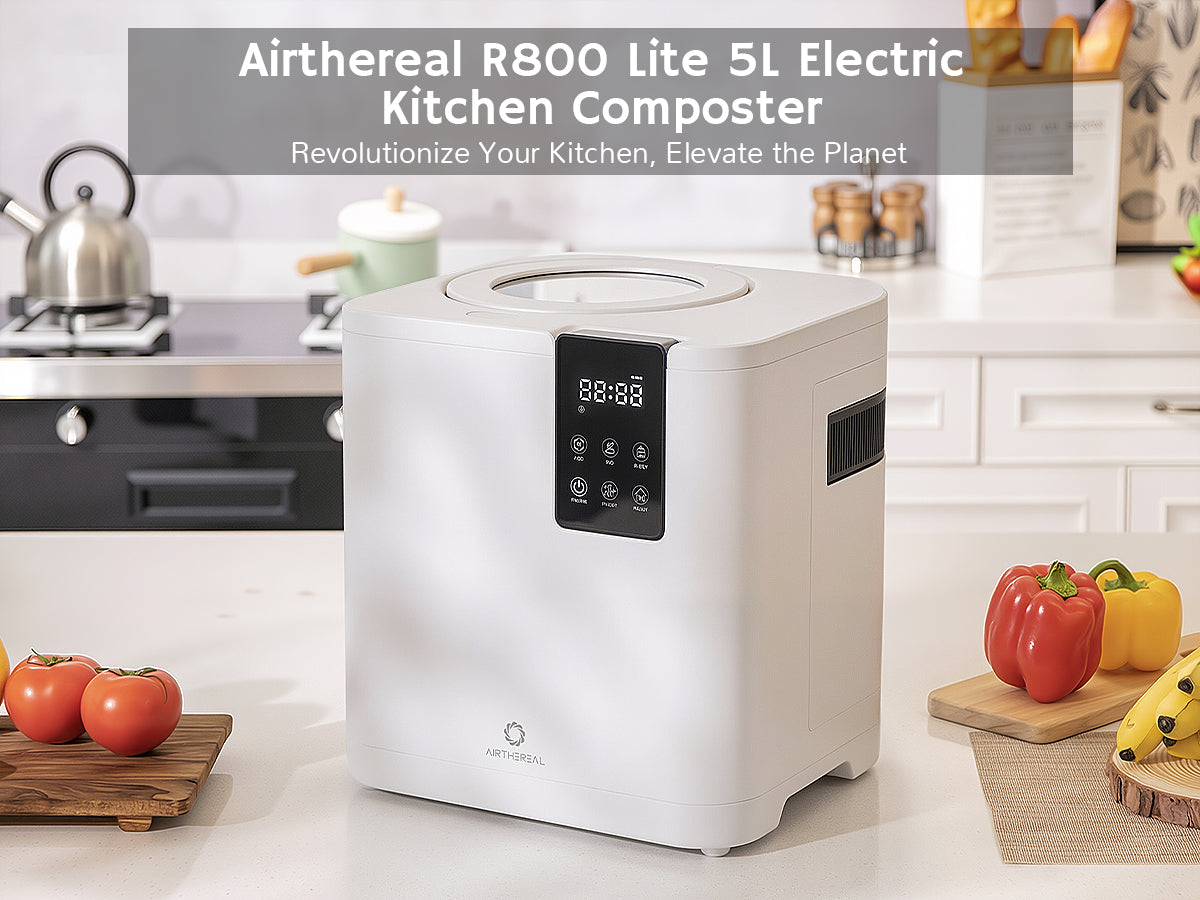 Airtheral R800 Lite 5L Electric Kitchen Composter on a kitchen counter with fruits and vegetables.