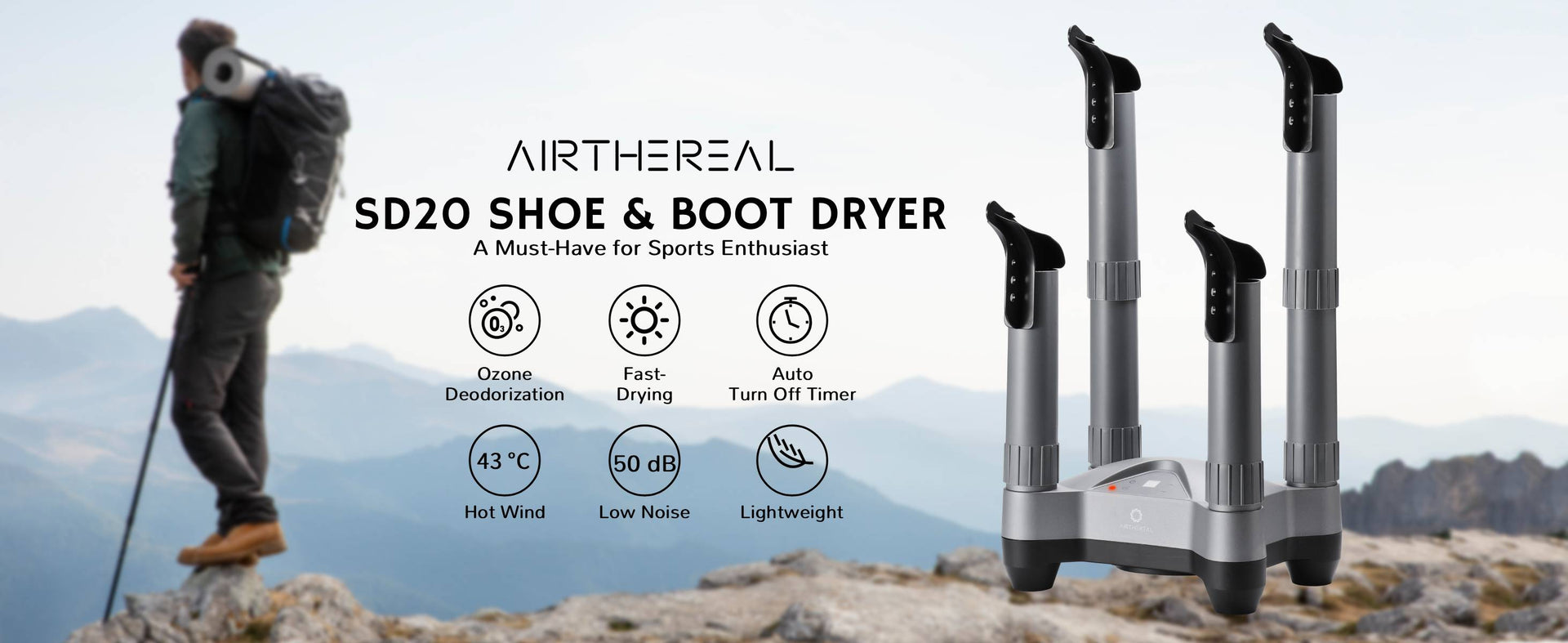 A hiker stands on a rocky mountain with a backpack, next to the Airthereal SD20 shoe and boot dryer featuring multiple drying tubes.