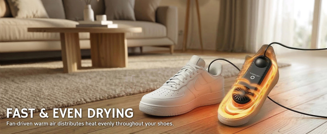 Shoe dryer with white sneakers on a wooden floor in a living room setting.