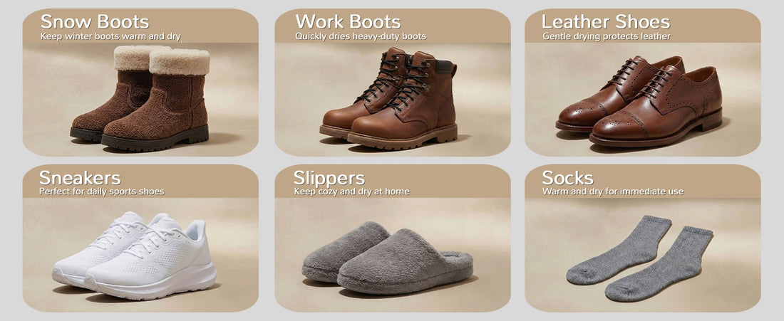 Collection of different types of shoes including snow boots, work boots, leather shoes, sneakers, slippers, and socks on a beige background.