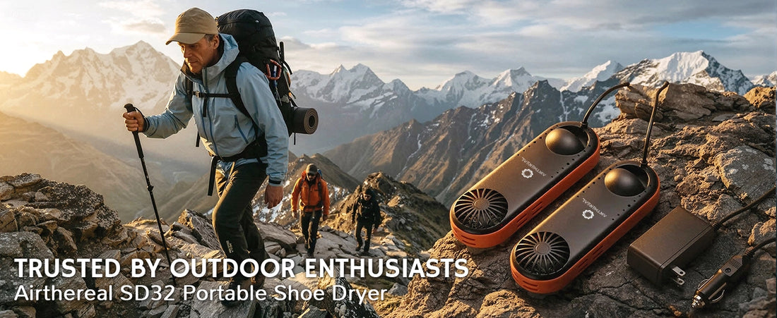 Person hiking with a portable shoe dryer on a mountain peak, with text about the product's trustworthiness among outdoor enthusiasts.