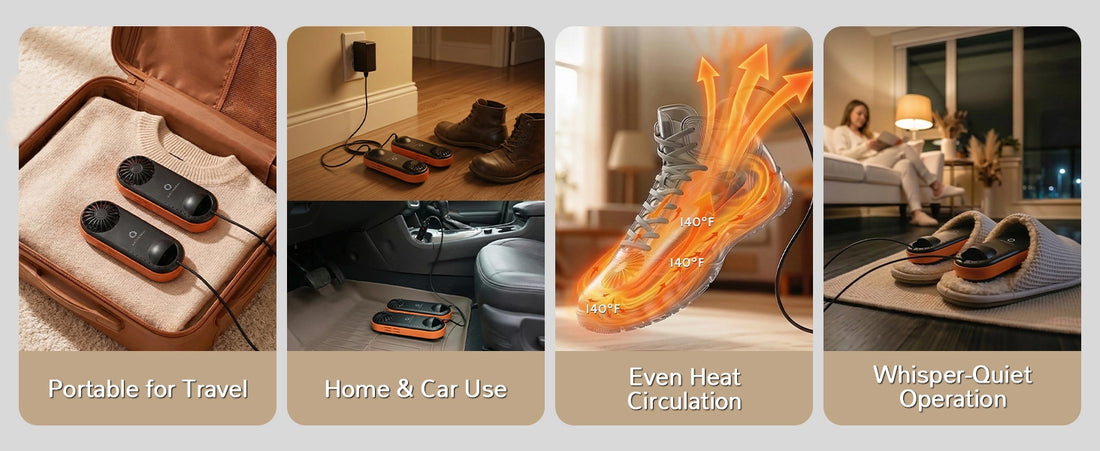 Product features including portable travel, home and car use, even heat circulation, and whisper-quiet operation.