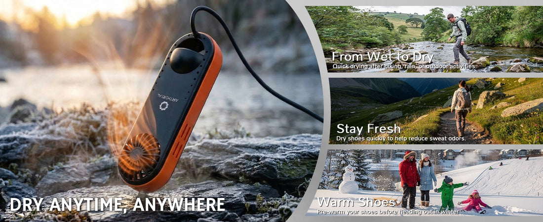 Portable device for drying clothes with scenic outdoor images and text overlay.